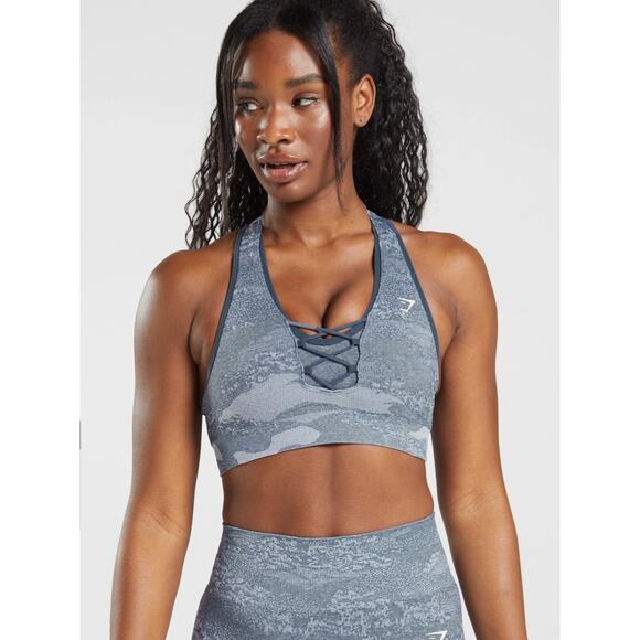 GymShark Adapt Camo Seamless Sports Bra Womens Small Evening Blue New B4A9J - Picture 1 of 11